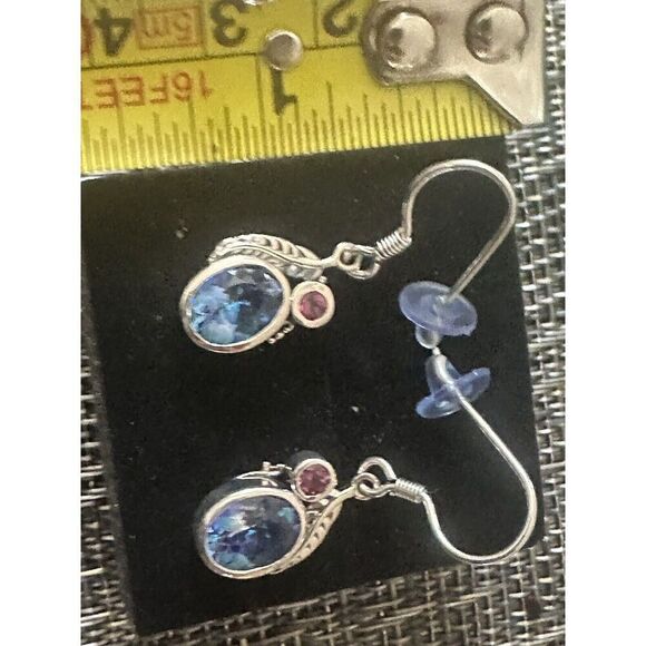925 Sterling Silver Blue Petalite & Garnet Drop Earrings - Picture 3 of 4